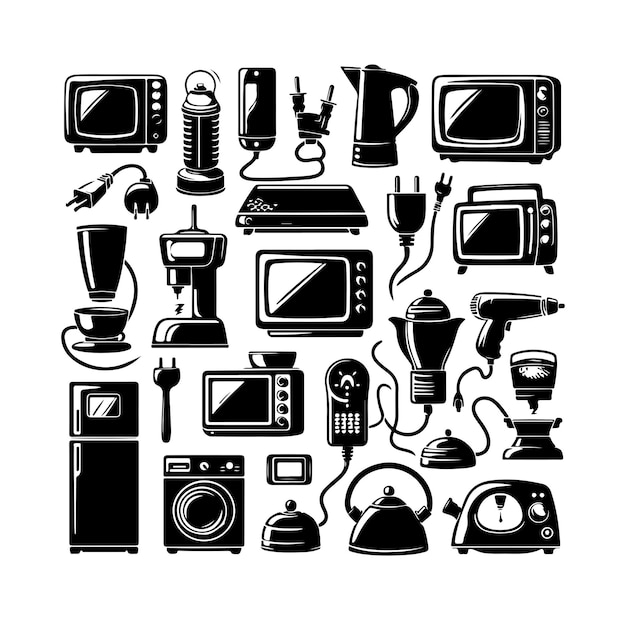 Collection of vector illustrations of silhouettes of household electrical equipment