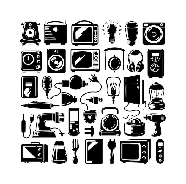 Collection of vector illustrations of silhouettes of household electrical equipment