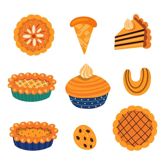 Collection of vector illustrations of various types of traditional autumnal sweet pastry with leaves...