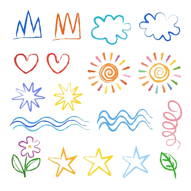 Collection of vector images stylized as childrens drawings Doodles in childish girly style