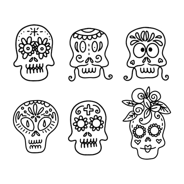 Collection of vector linear illustrations of decorated skulls of different types on white background for Halloween celebration concept designs