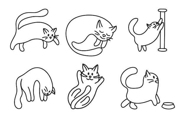 Collection of vector stickers of cute countur silhouettes of cats