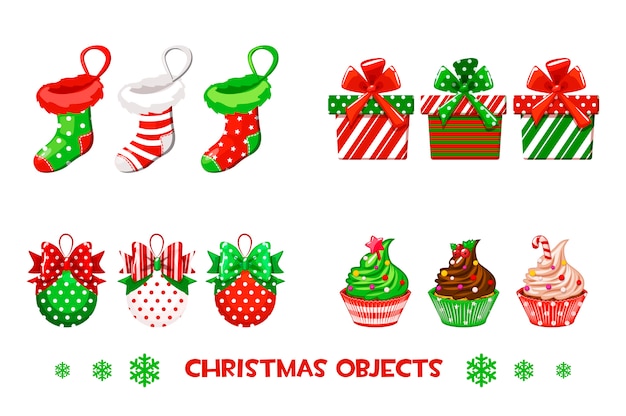 Collection vectors decorative objects for happy Christmas.. Red and green socks, gifts, balls and cupcakes