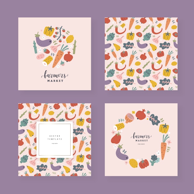 Collection of vegetable and fruit templates with copy space, decorative frames with hand drawn illustrations