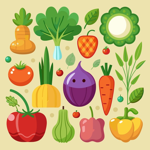 Vector a collection of vegetables including carrots broccoli radish and a beehive icon isolated flat ca