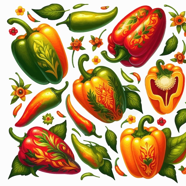 a collection of vegetables including peppers peppers and peppers