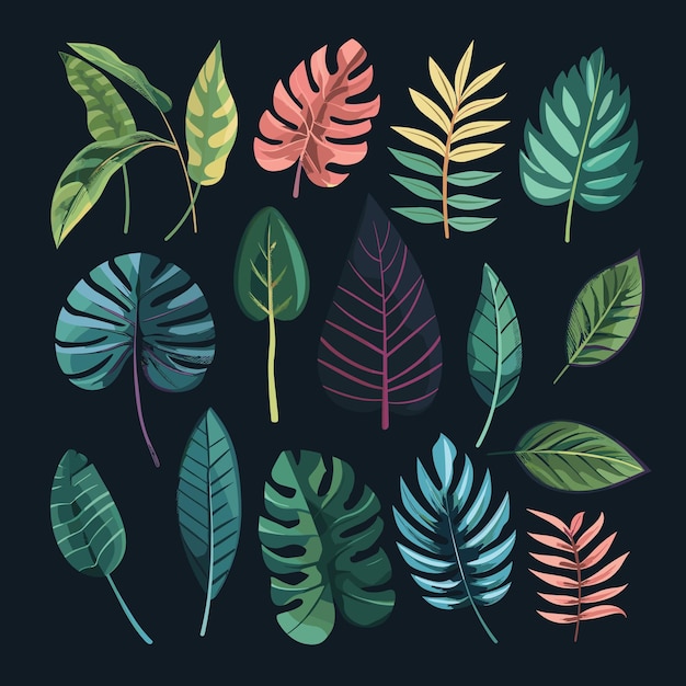 Vector collection of vibrant tropical leaves on a dark background arranged in a grid pattern