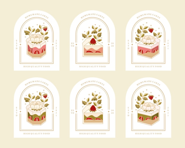 Collection of vintage bakery, pastry, cake logo and food label with strawberry, rose, peony flower elements