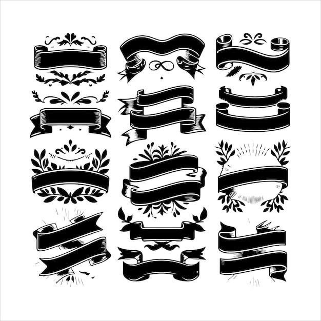 Vector collection of vintage blank ribbons set silhouette vector