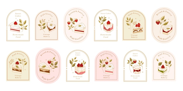 Collection of Vintage Cake Logo and Food Label with Strawberry, Frame, & Floral Elements