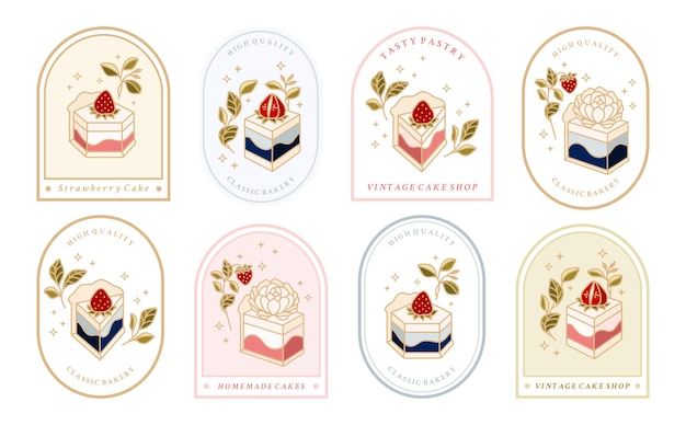 Collection of Vintage Cake Logo and Food Label with Strawberry Frame Floral Elements