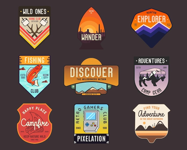 Collection of vintage camping badges featuring various wildernessthemed designs including mountains forests and outdoor activities Stock vector travel labels