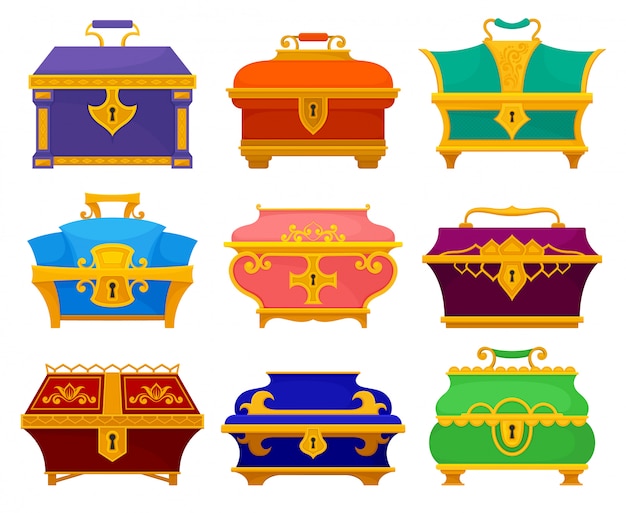 Collection of vintage chests on white background.