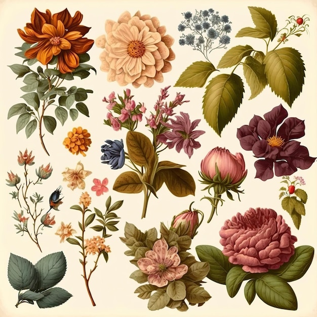 A collection of vintage flowers on a vintage paper.