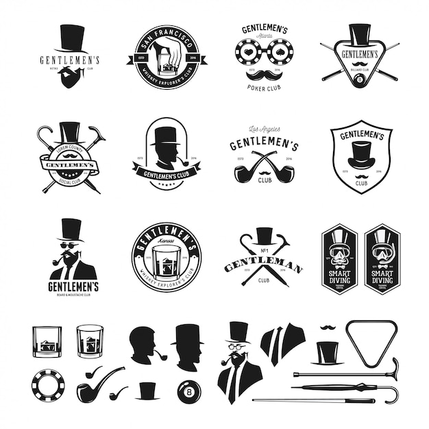 Collection of vintage gentleman emblems, labels, badges and design elements. Monochrome style