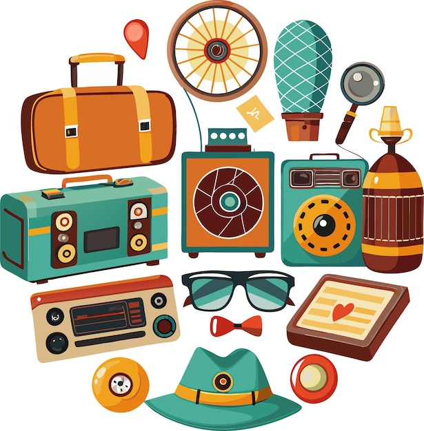 Vector a collection of vintage items including a vintage suitcase a radio and a bag