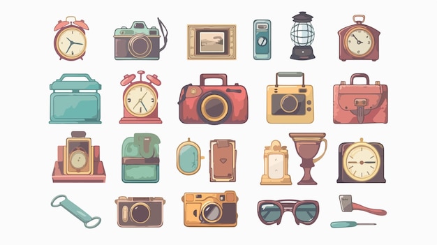 Collection of Vintage Items on White Background Vector Illustration