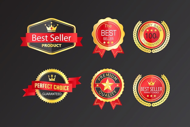 Collection vintage of red and gold metallic badges and labels