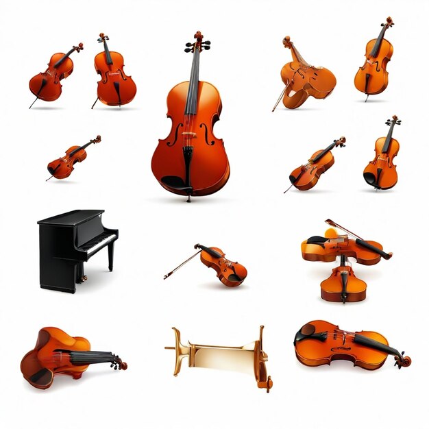 a collection of violins and a piano are shown