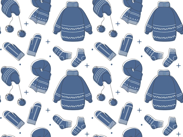 A collection of warm cozy clothes Winter accessories Seamless pattern