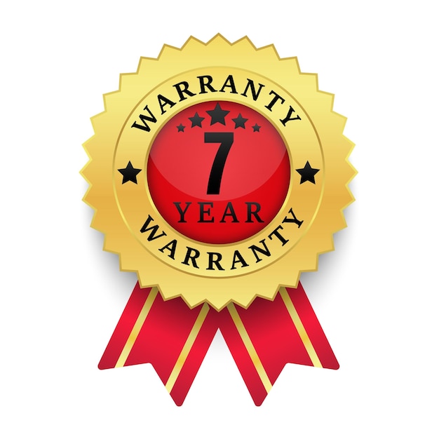 Collection of warranty 7 year label badge gold and black style Set of warranty isolated on white background Vector illustration