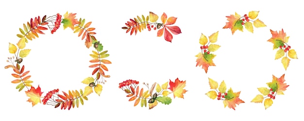 Collection of watercolor autumn wreaths. Floral frame