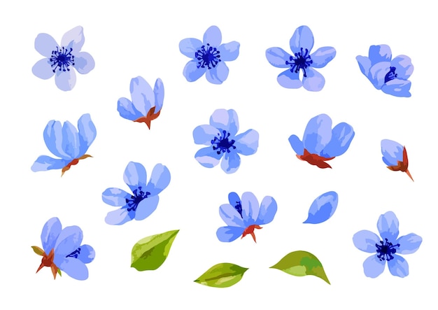 Collection of watercolor blue flowers and green leaves isolated on white blue flowers clipart