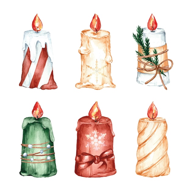 Collection of watercolor christmas candles