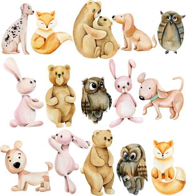 Collection of watercolor cute animals (bunnies, foxes, owls, bears and dogs)