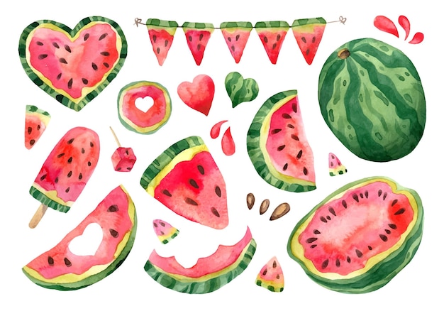 Collection of watercolor watermelon for design Illustration pieces of dessert for summer festival decoration Slices of juicy tropical fruit isolated on white background Garland of berry ice cream