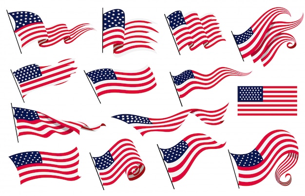 Collection waving flags of the United States of America. Illustration of wavy American Flags. National symbol, American flags on white background -  illustration