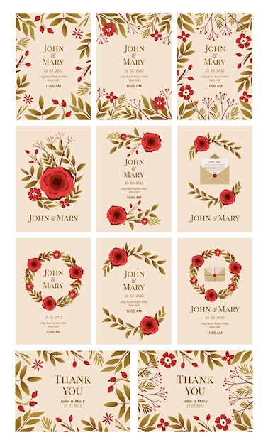 Collection of wedding invitation templates with elegant floral design and Thank You card.