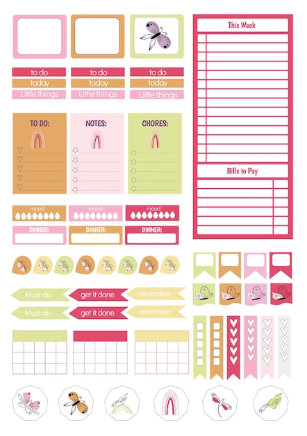 Collection of weekly or daily planner note paper to do list stickers