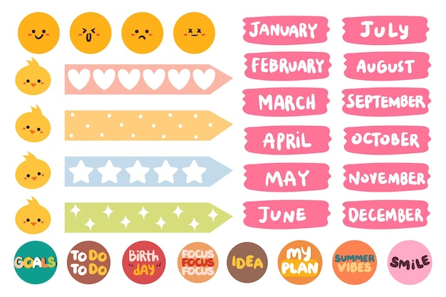 collection of weekly and daily planner sticker, notes, to do list, with lettering and cute icon