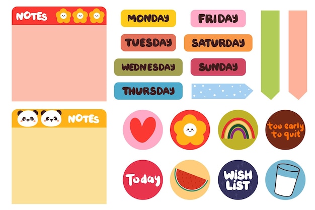 collection of weekly and daily planner sticker, notes, to do list, with lettering and cute icon