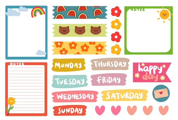 collection of weekly and daily planner sticker, notes, to do list, with lettering and cute icon