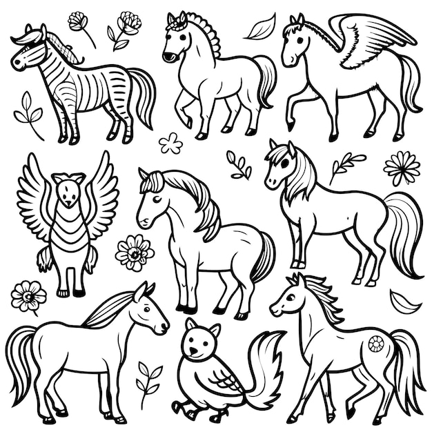 Vector a collection of whimsical horse illustrations with various styles