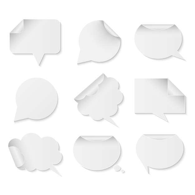 Collection of white paper speech bubbles on white background