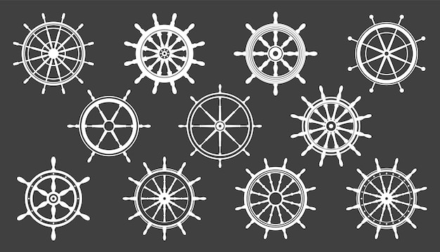 Collection of white vintage steering wheels ship yacht retro wheel symbol nautical rudder icon