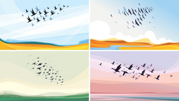 Collection of wildlife sceneries. Migratory birds in sky.