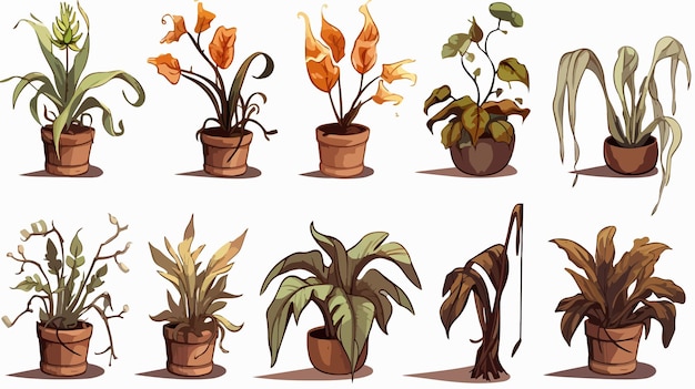 Vector collection of wilted houseplants in various states