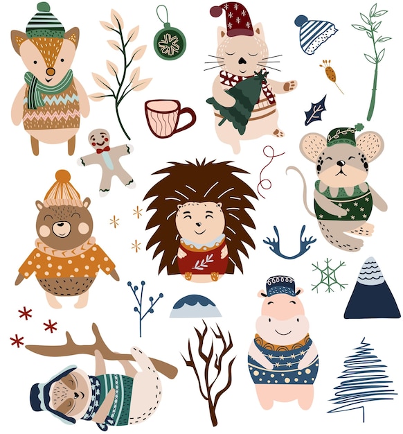 Collection Winter Animals hippo mouse fox bear cat and other winter elements Vector