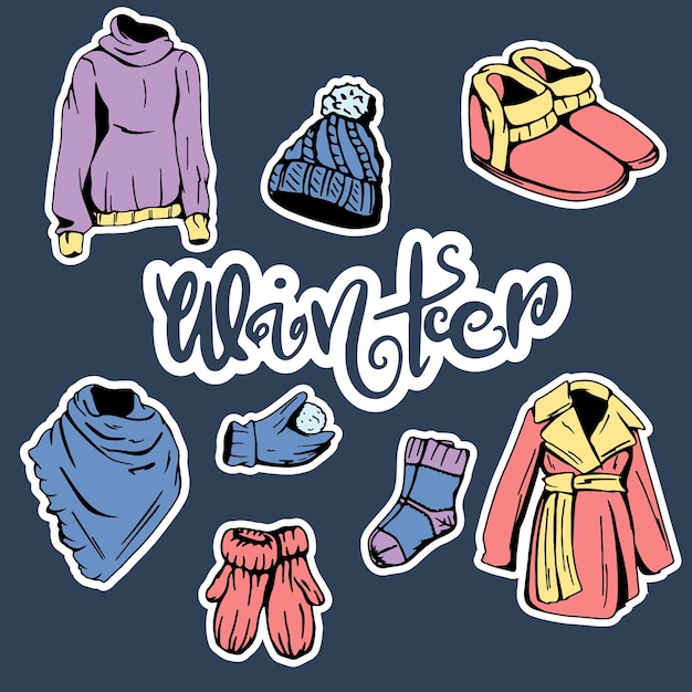 Collection of winter clothes. collection of clothes for winter. In a cartoon style.