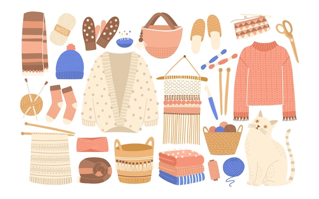 Collection of winter knitted clothes and knitting tools isolated on white background - woolen jumper, cardigan, scarf, hat, mittens, socks, needles, hook, yarn. Flat cartoon vector illustration