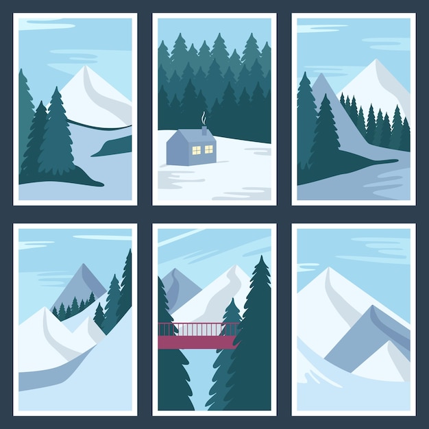 Collection of winter landscape posters. Vector illustrations