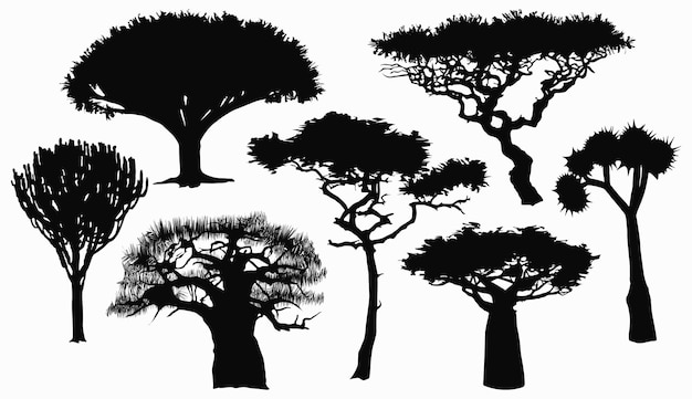 Collection with flat silhouettes of African trees. Flat design. Vector illustration