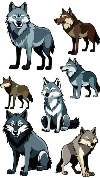 Vector a collection of wolves cartoon drawing artwork vector