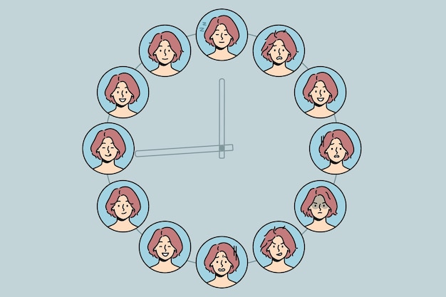 Collection of woman emotions on huge clock