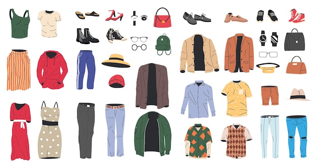 Collection of Woman and Man Wardrobe Set of Female and Male Clothes and Accessories Various Girl and Boy Clothing Jacket Shoes Shirt Pants Watches Eyeglasses Hat Flat Vector Illustration