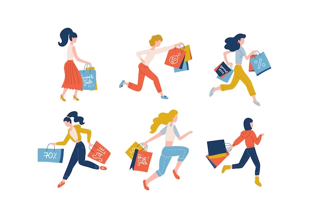 Collection of women carrying shopping bags taking part in seasonal sale. Set of shopper girls addicted to buying in shop, store, mall or showroom. Colorful   illustration.